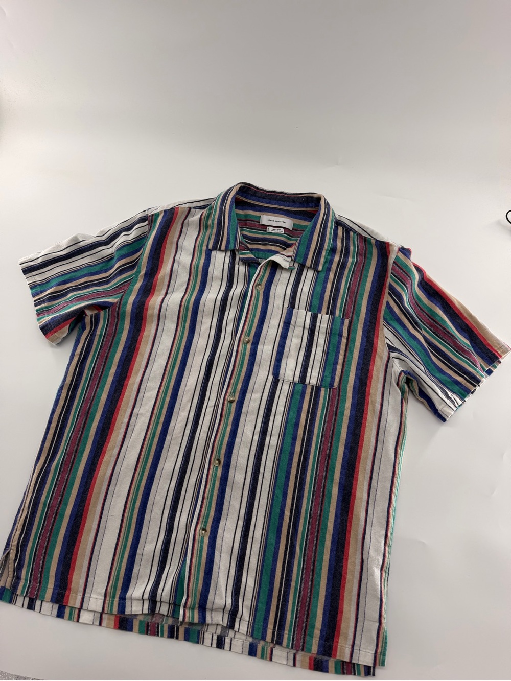 Urban Outfitters Striped Short Sleeve Button Up Shirt Men’s Large White Blue Tan